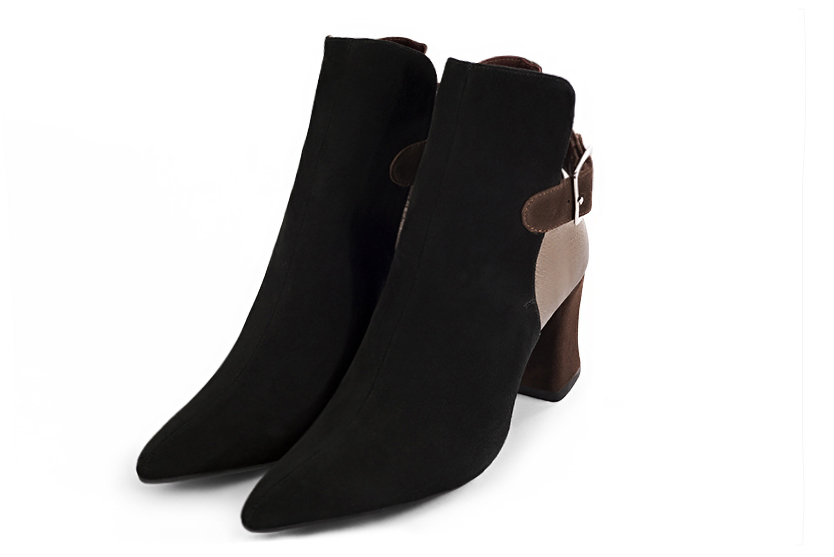 Matt black, bronze gold and dark brown women's booties, with buckles at the back. Tapered toe. Medium flare heels - Florence KOOIJMAN